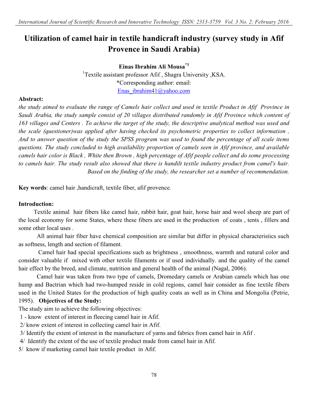 Utilization of Camel Hair in Textile Handicraft Industry (Survey Study in Afif Provence in Saudi Arabia)