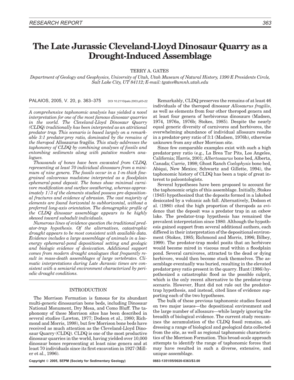 The Late Jurassic Cleveland-Lloyd Dinosaur Quarry As a Drought-Induced Assemblage