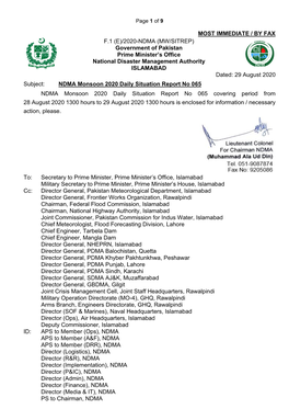 (E)/2020-NDMA (MW/SITREP) Government of Pakistan Prime Minister’S Office National Disaster Management Authority ISLAMABAD Dated: 29 August 2020