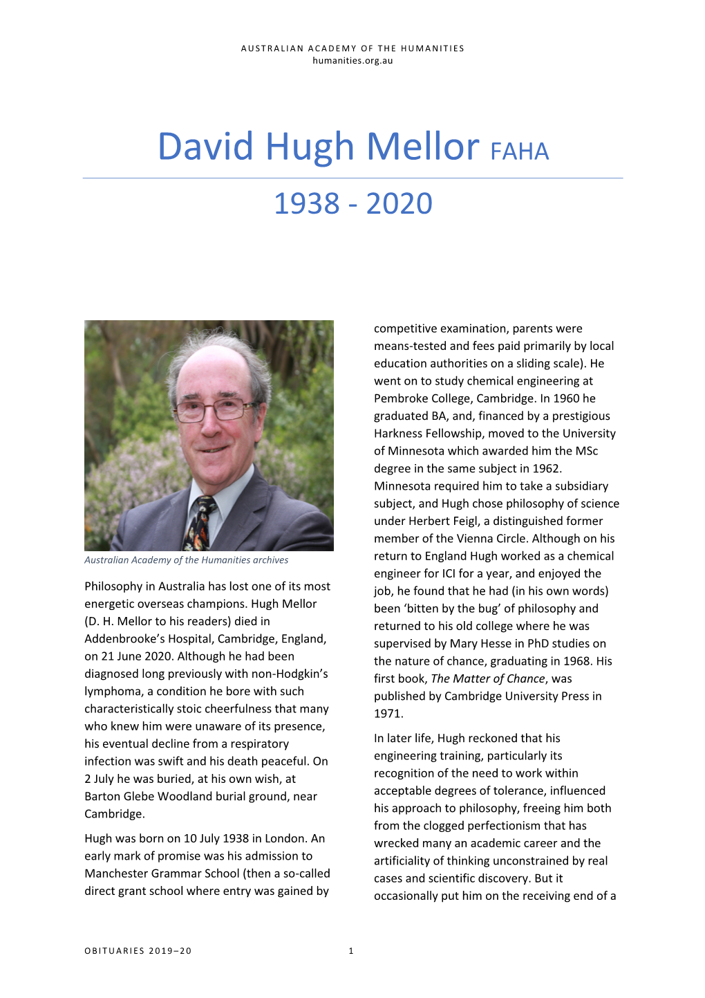 David Hugh Mellor FAHA 1938 - 2020