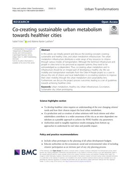 Co-Creating Sustainable Urban Metabolism Towards Healthier Cities Isabel Fróes1* and Malene Køster Lasthein2