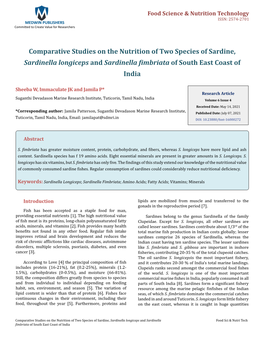 Comparative Studies on the Nutrition of Two Species of Sardine, Sardinella Longiceps and Sardinella Fimbriata of South East Coast of India
