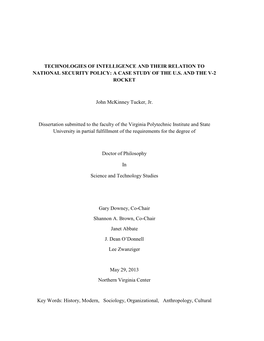 Technologies of Intelligence and Their Relation to National Security Policy: a Case Study of the U.S