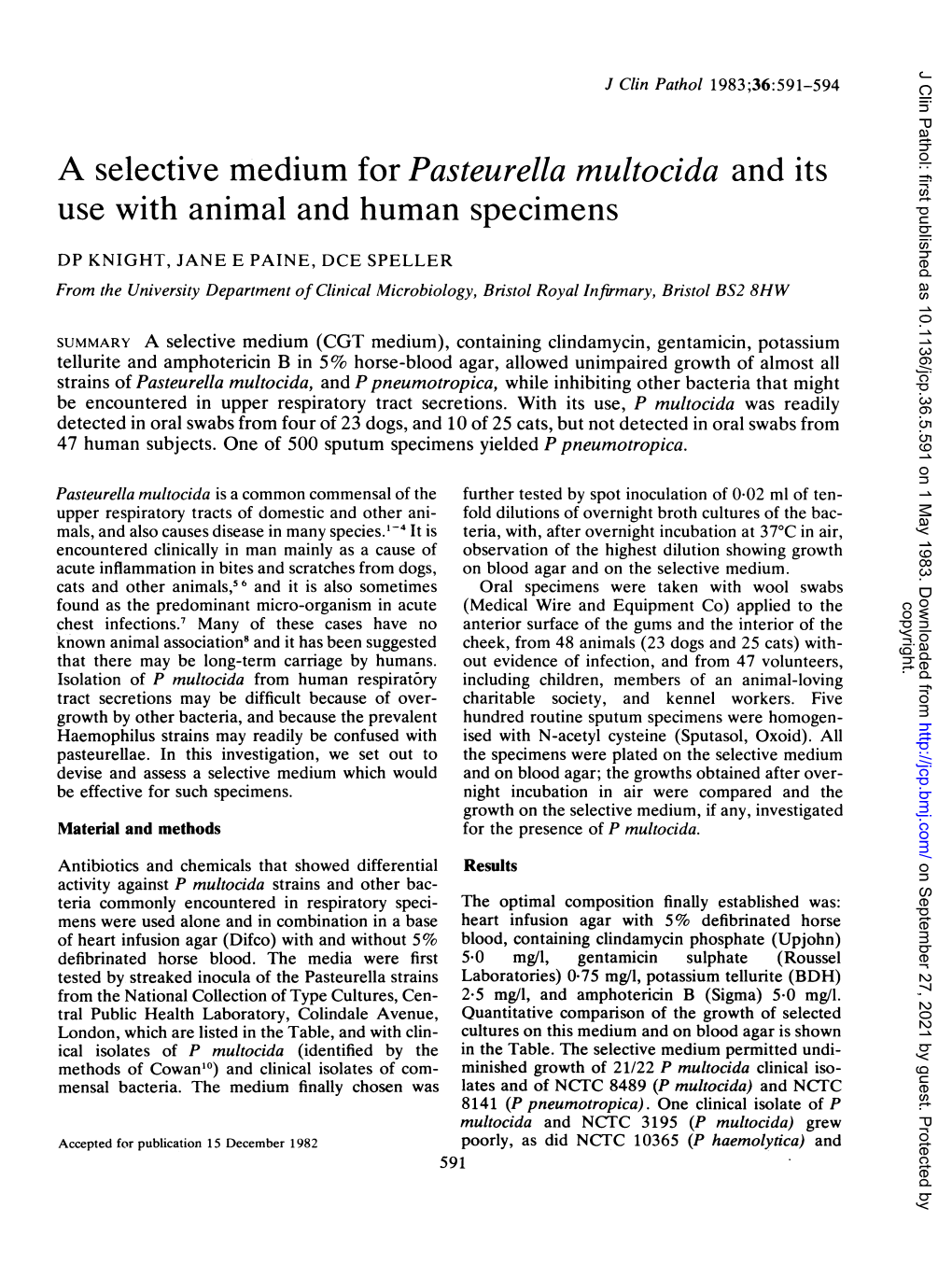 A Selective Medium for Pasteurella Multocida and Its Use with Animal and Human Specimens