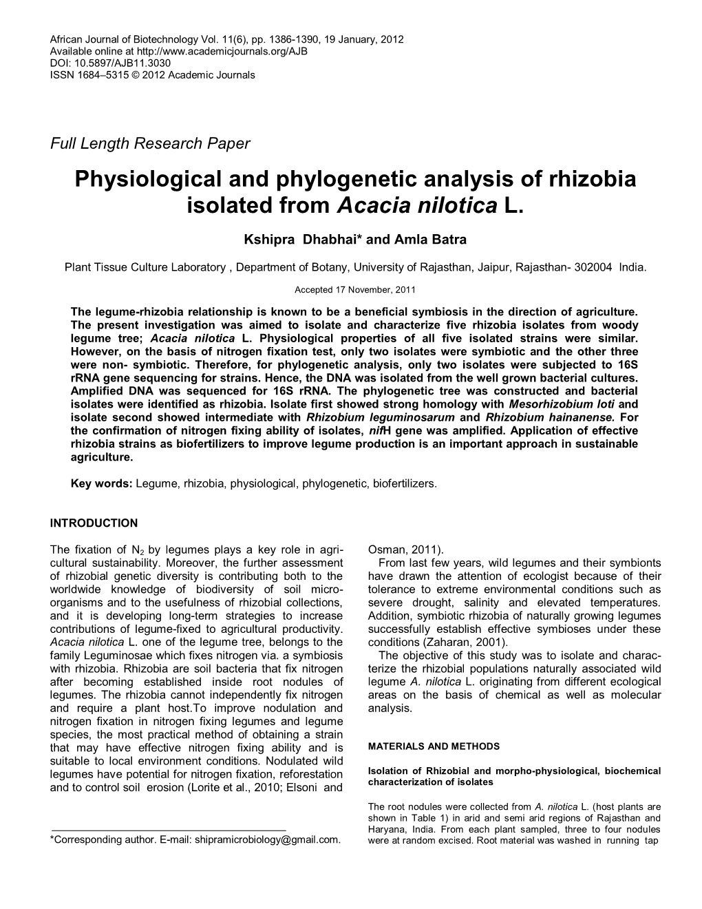 Physiological and Phylogenetic Analysis of Rhizobia Isolated from Acacia Nilotica L