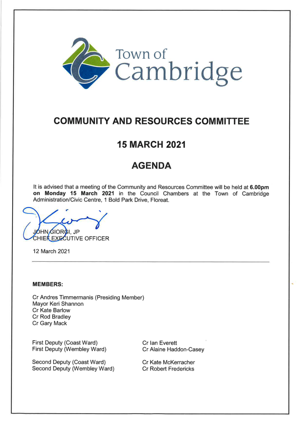 Agenda Community and Resources Committee 15 March 2021