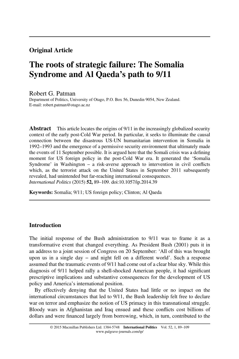 The Somalia Syndrome and Al Qaeda’S Path to 9/11