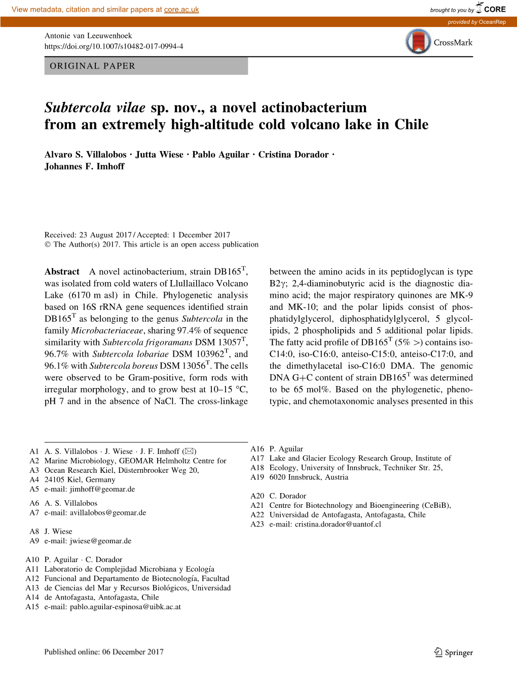 Subtercola Vilae Sp. Nov., a Novel Actinobacterium from an Extremely High-Altitude Cold Volcano Lake in Chile