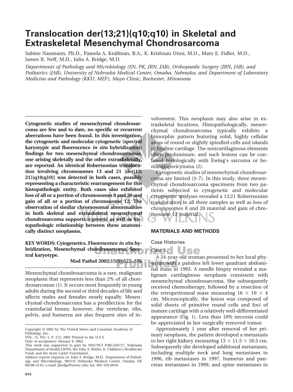 In Skeletal and Extraskeletal Mesenchymal Chondrosarcoma Sabine Naumann, Ph.D., Pamela A