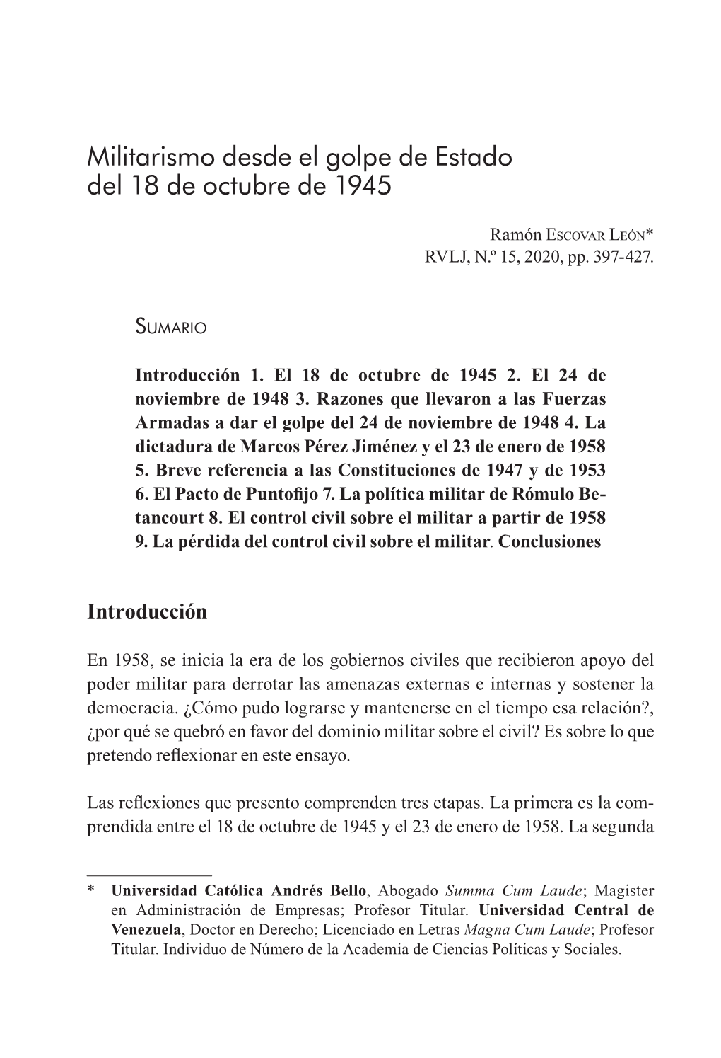 Militarismo Desde El Golpe De Estado Del 18 De Octubre De 1945