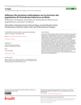 Influence Des Pressions Anthropiques Sur La Structure Des Populations De Pentadesma Butyracea Au Bénin