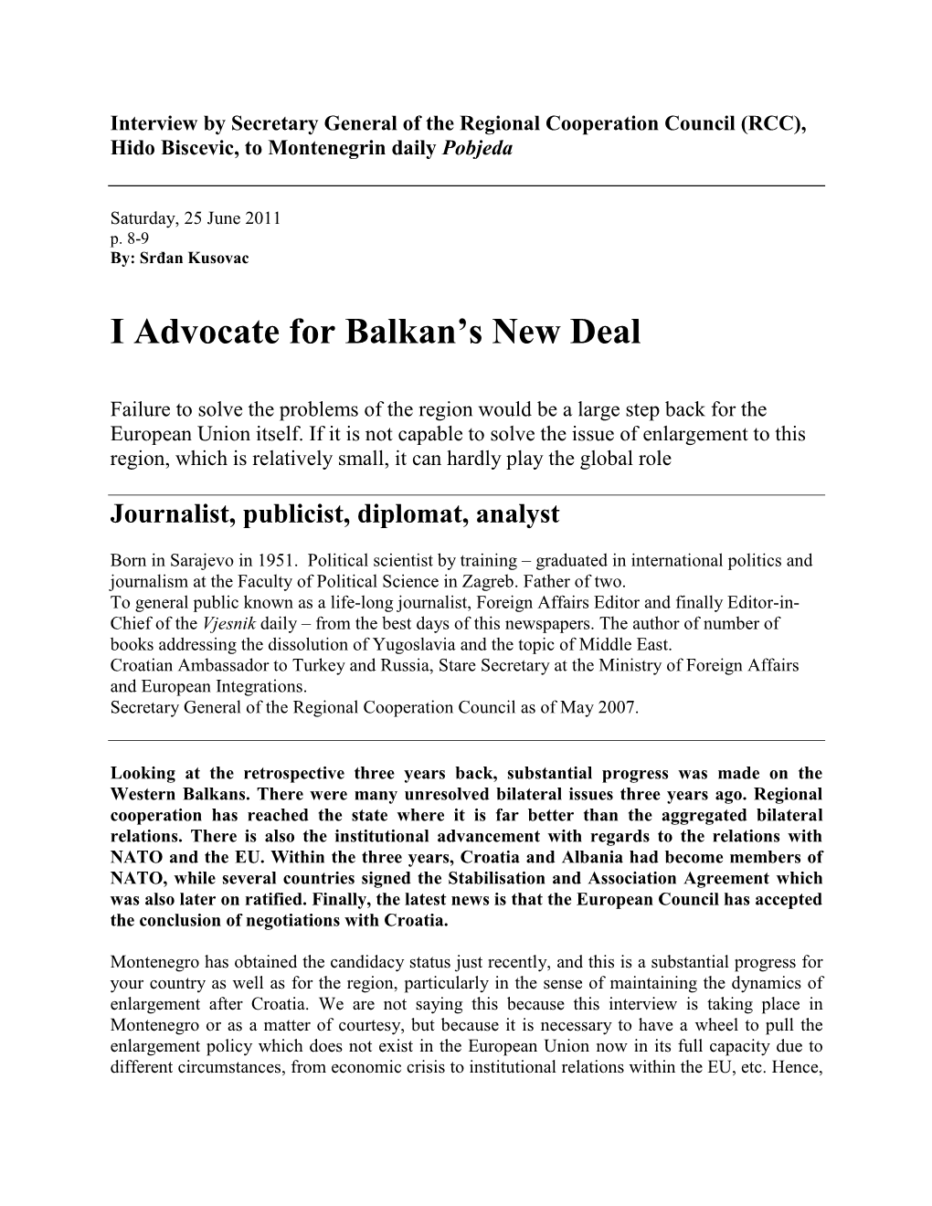 I Advocate for Balkan's New Deal
