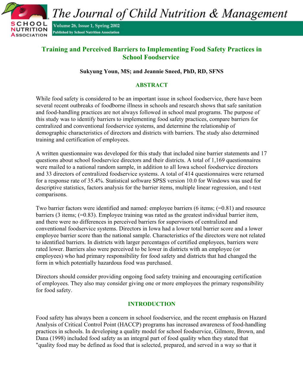 Training and Perceived Barriers to Implementing Food Safety Practices in School Foodservice