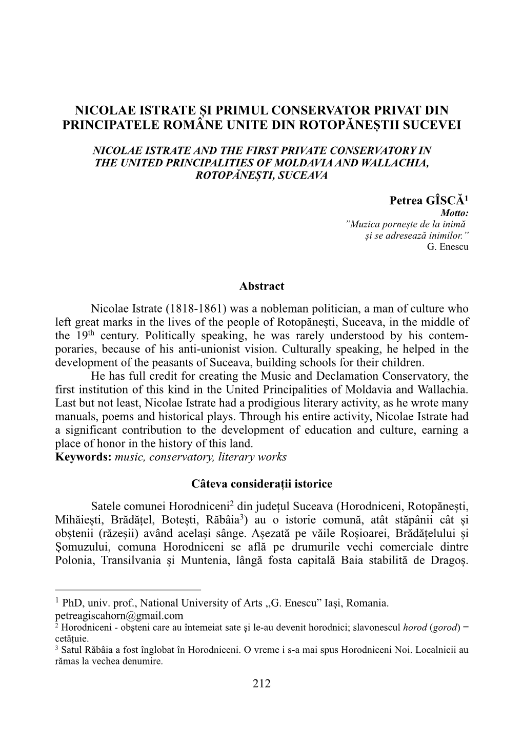 Nicolae Istrate Și Primul Conservator Privat Din Principatele Române Unite Din Rotopăneștii Sucevei