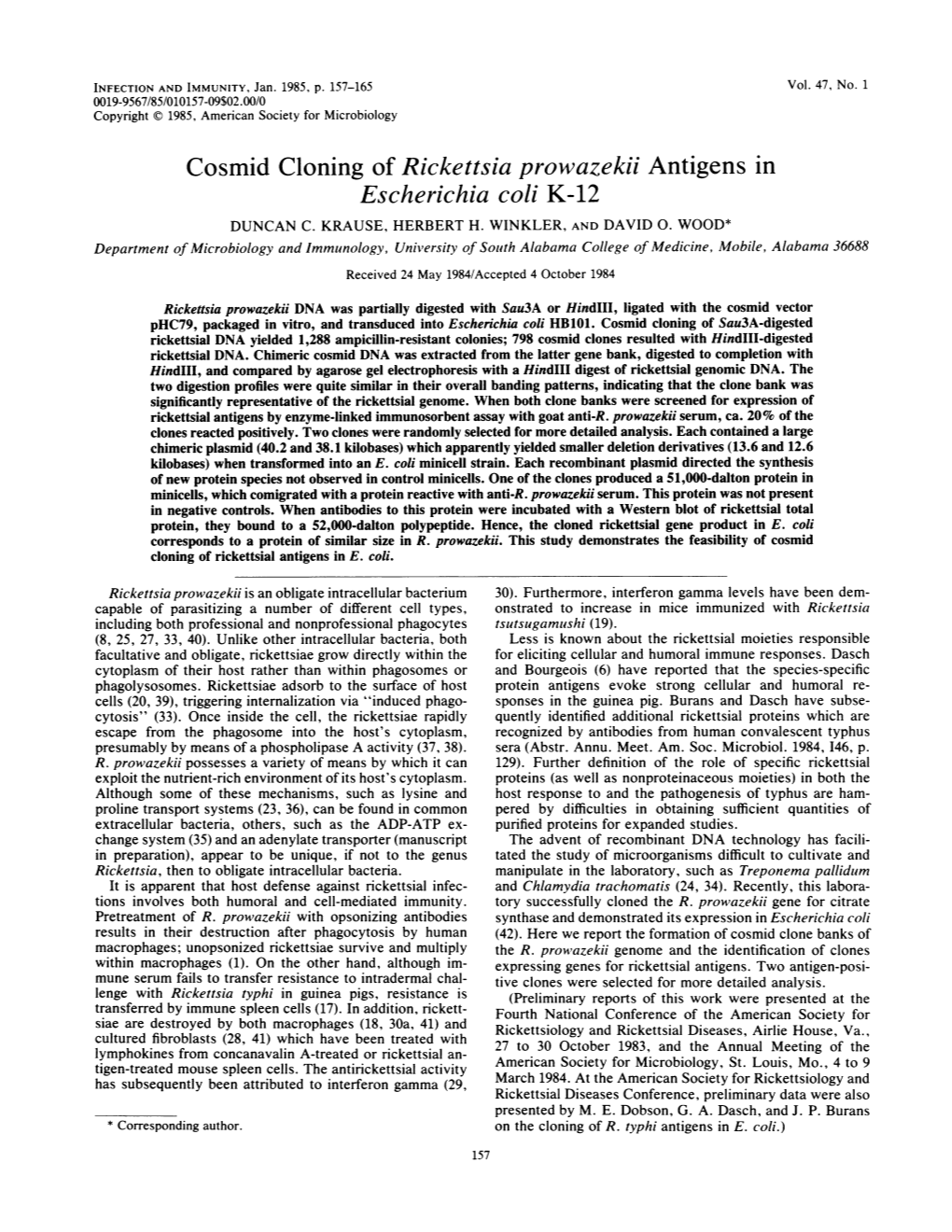 Cosmid Cloning of Rickettsia Prowazekii Antigens in Escherichia Coli K-12 DUNCAN C