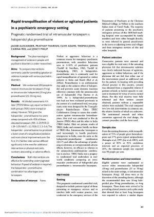 Rapid Tranquillisation of Violent Or Agitated Patients in a Psychiatric