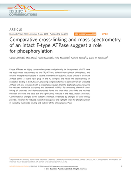 Comparative Cross-Linking and Mass Spectrometry of an Intact F-Type Atpase Suggest a Role for Phosphorylation