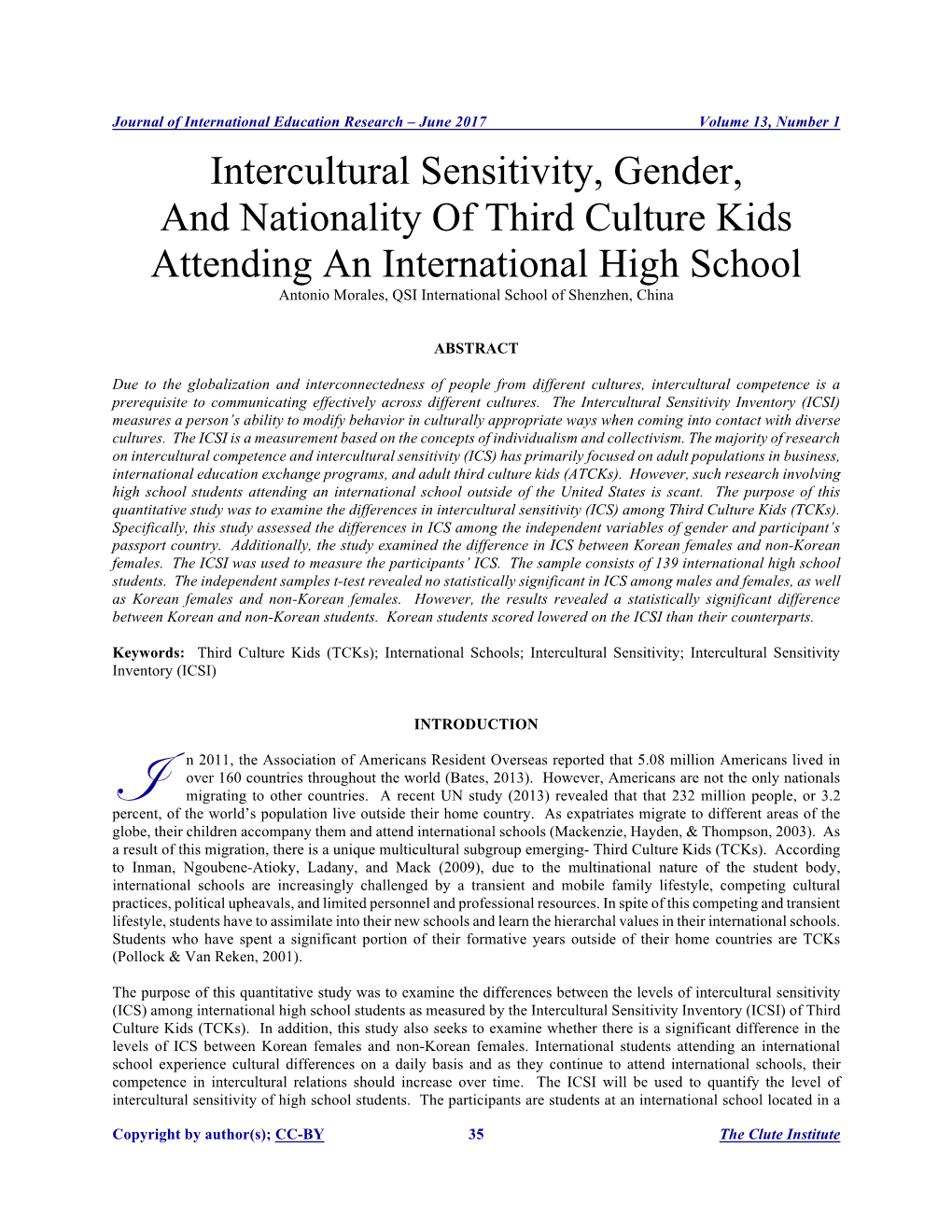 Intercultural Sensitivity, Gender, and Nationality of Third Culture Kids