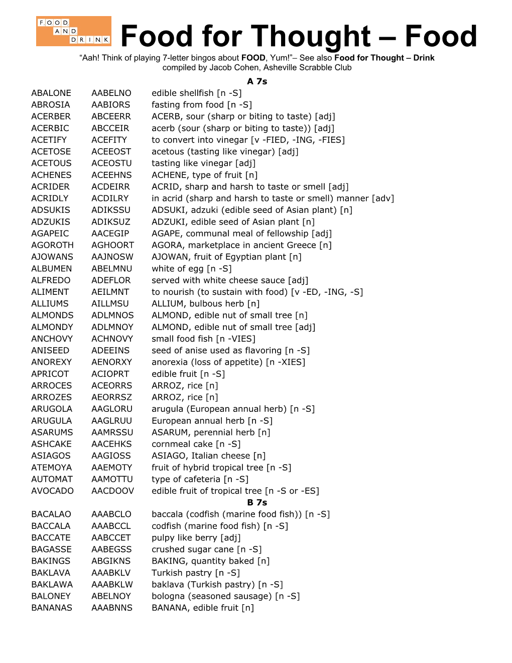 Food for Thought – Food “Aah! Think of Playing 7-Letter Bingos About FOOD, Yum!”– See Also Food for Thought – Drink Compiled by Jacob Cohen, Asheville Scrabble Club