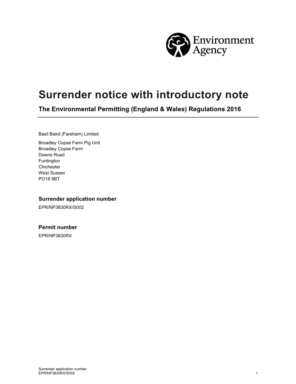 Surrender Notice with Introductory Note the Environmental Permitting (England & Wales) Regulations 2016