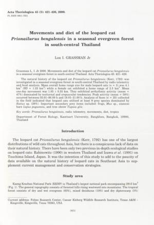 Movements and Diet of the Leopard Cat Prionailurus Bengalensis in a Seasonal Evergreen Forest in South-Central Thailand