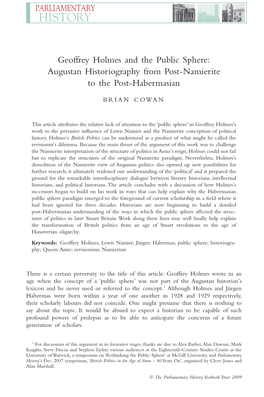 Geoffrey Holmes and the Public Sphere: Augustan Historiography from Post-Namierite to the Post-Habermasian