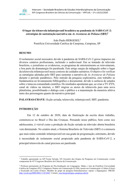 O Lugar Da Telenovela Infantojuvenil Brasileira Na Pandemia De SARS-Cov-2: Estratégias De Sustentação Narrativa Em As Aventuras De Poliana (SBT)1