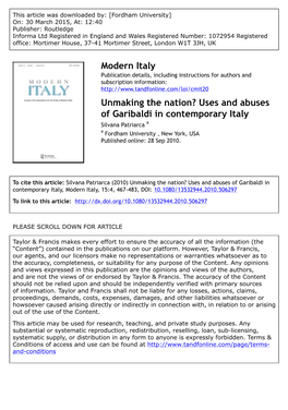 Modern Italy Unmaking the Nation? Uses and Abuses of Garibaldi in Contemporary Italy