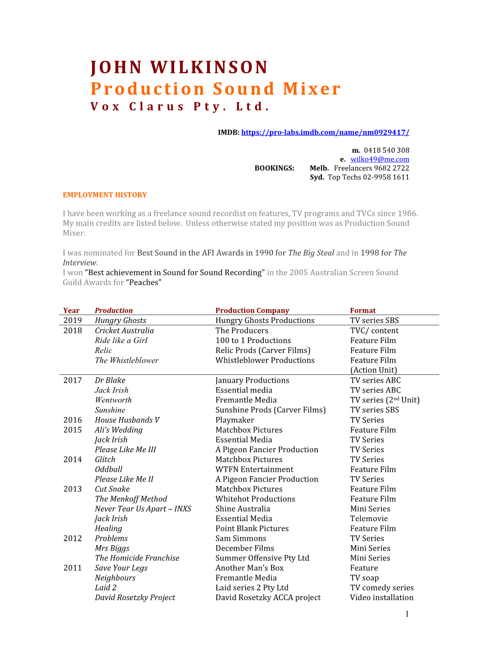 JOHN WILKINSON Production Sound Mixer Vox Clarus Pty