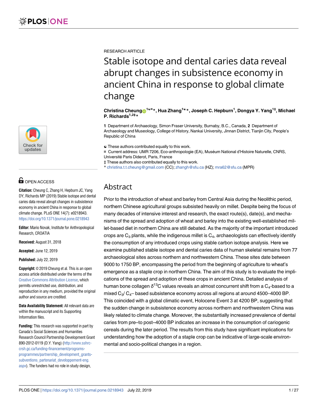 Stable Isotope and Dental Caries Data Reveal Abrupt Changes in Subsistence Economy in Ancient China in Response to Global Climate Change