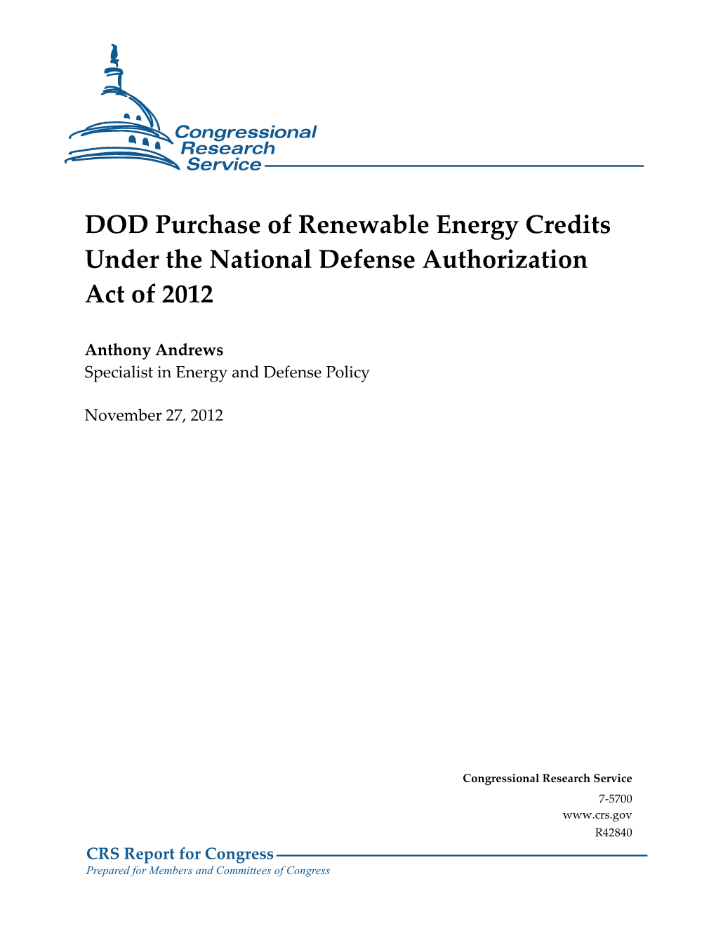 DOD Purchase of Renewable Energy Credits Under the National Defense Authorization Act of 2012