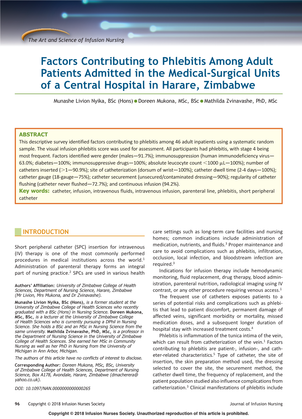 Factors Contributing to Phlebitis Among Adult Patients Admitted in the Medical-Surgical Units of a Central Hospital in Harare, Zimbabwe