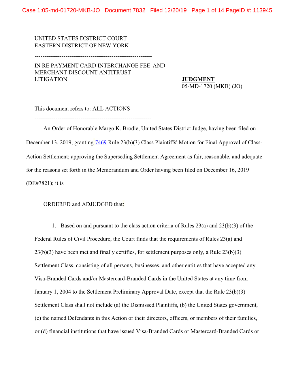 Settlement Order and Final Judgment