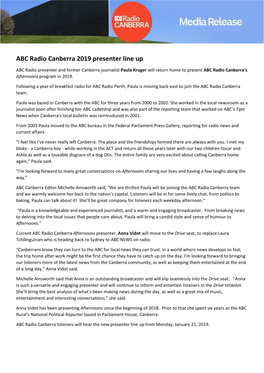 ABC Radio Canberra 2019 Presenter Line Up