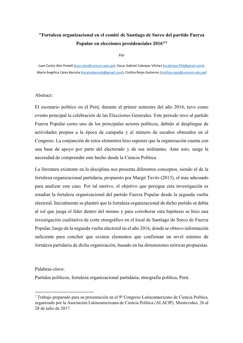 "Fortaleza Organizacional En El Comité De Santiago De Surco Del Partido Fuerza Popular En Elecciones Presidenciales 2016"1