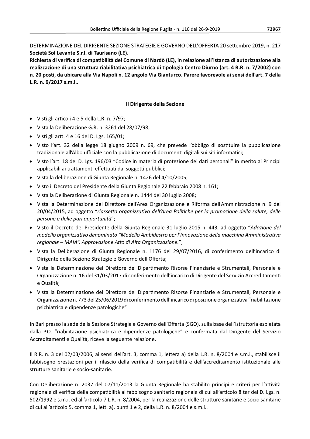 DETERMINAZIONE DEL DIRIGENTE SEZIONE STRATEGIE E GOVERNO DELL’OFFERTA 20 Settembre 2019, N