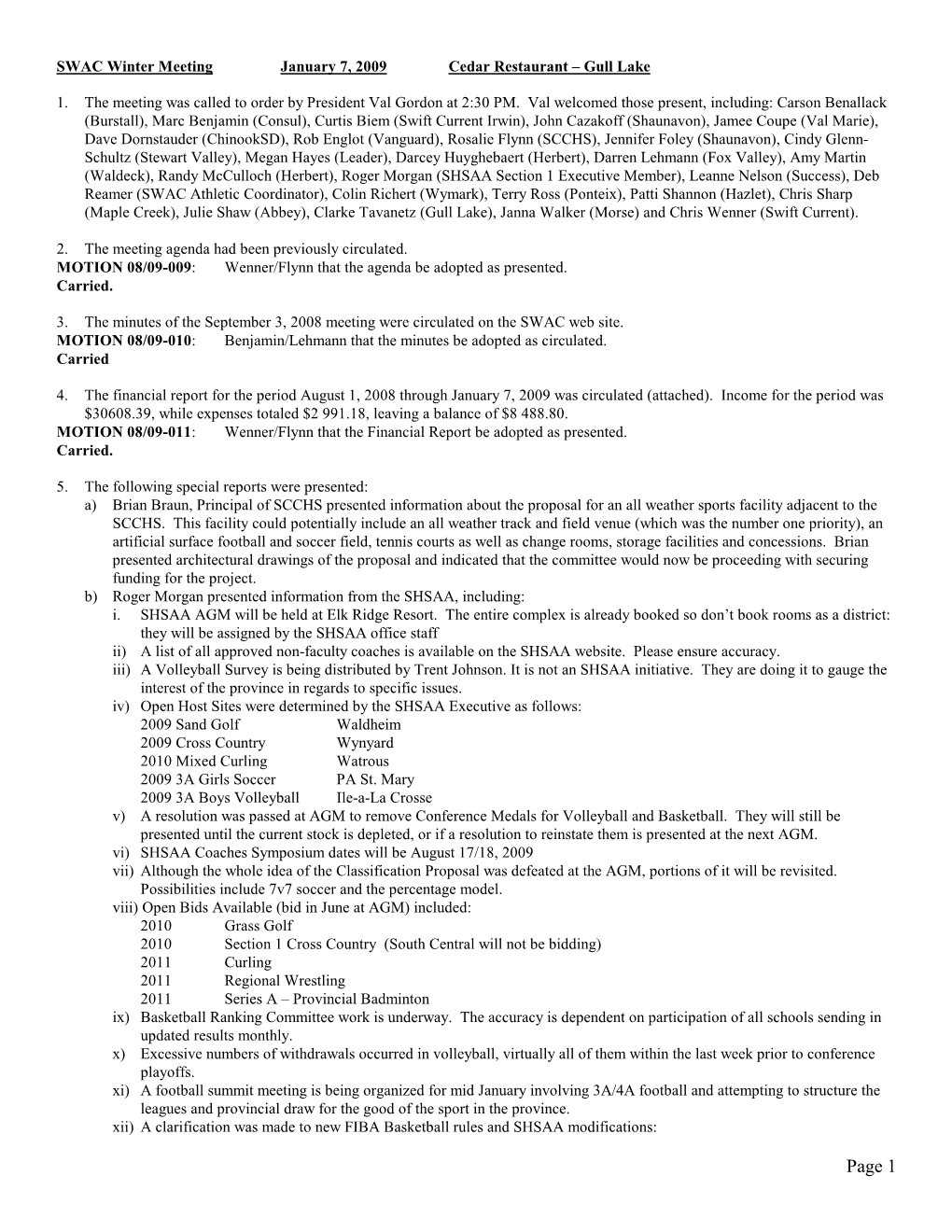 SWAC Winter Meeting Minutes January 7 2009