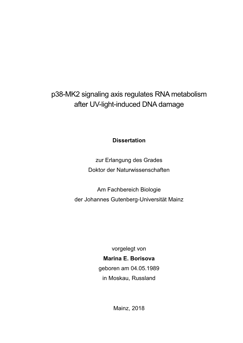 P38-MK2 Signaling Axis Regulates RNA Metabolism After UV-Light-Induced DNA Damage