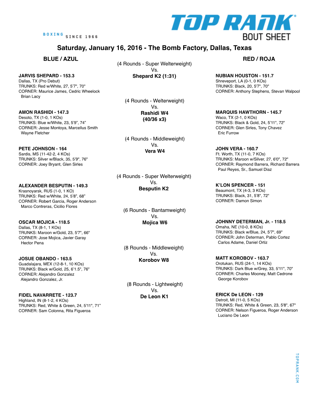 Saturday, January 16, 2016 - the Bomb Factory, Dallas, Texas BLUE / AZUL RED / ROJA (4 Rounds - Super Welterweight) Vs