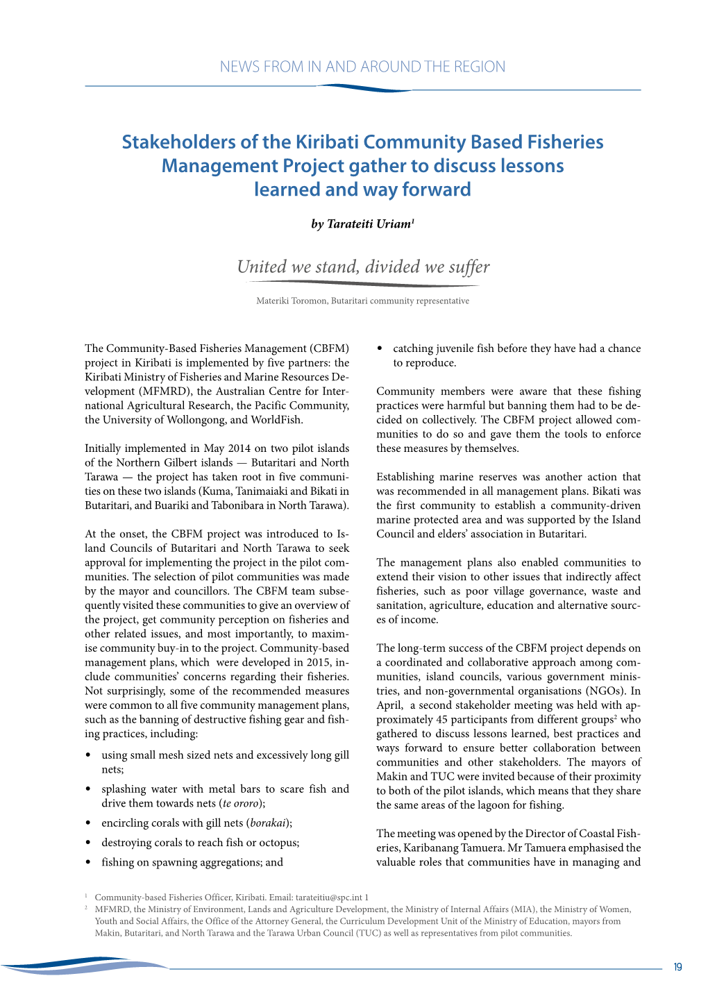 Stakeholders of the Kiribati Community Based Fisheries Management Project Gather to Discuss Lessons Learned and Way Forward