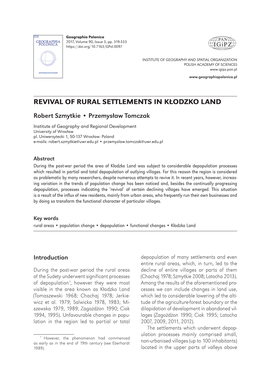 Geographia Polonica Vol. 90 No. 3 (2017) Revival of Rural Settlements in Kłodzko Land
