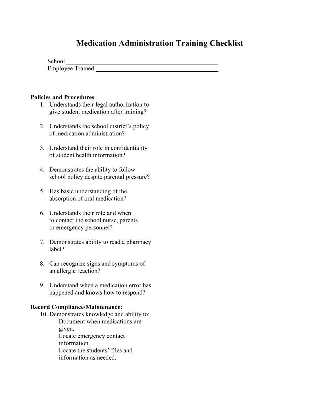 Medication Administration Training Checklist