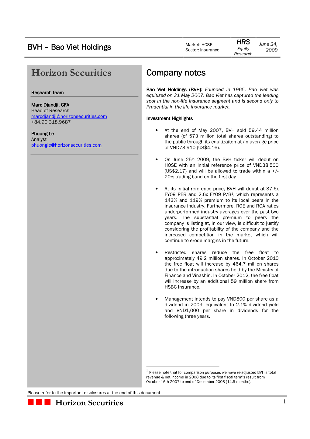 Horizon Securities Company Notes