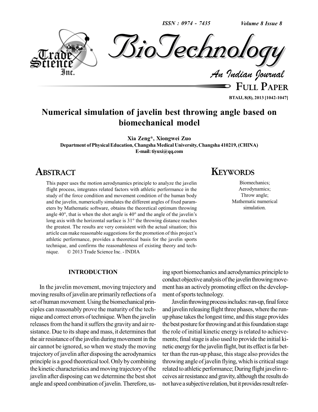 Numerical Simulation of Javelin Best Throwing Angle Based on Biomechanical Model