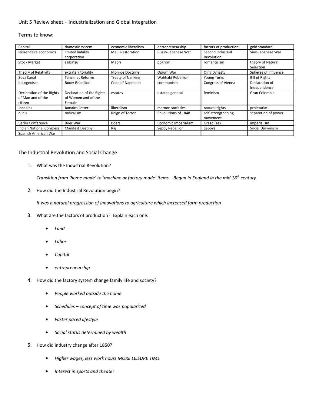 Unit 5 Review Sheet Industrialization and Global Integration