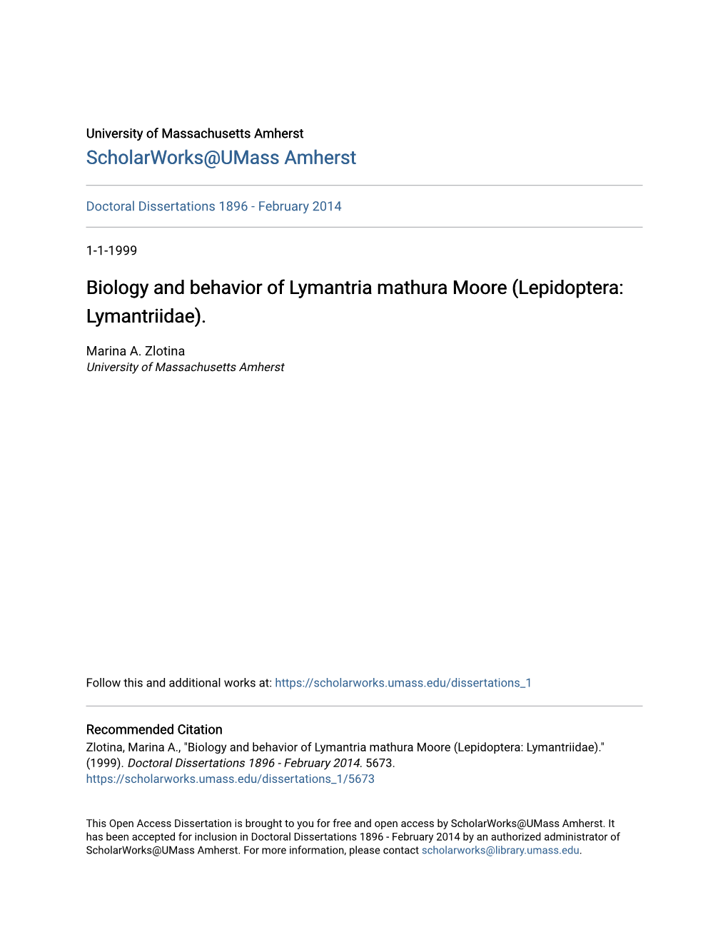 Biology and Behavior of Lymantria Mathura Moore (Lepidoptera: Lymantriidae)