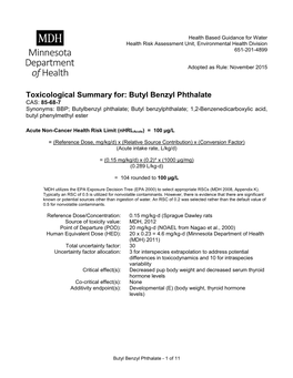 Butyl Benzyl Phthalate Toxicological Summary Sheet, Minnesota Department of Health, November 2015