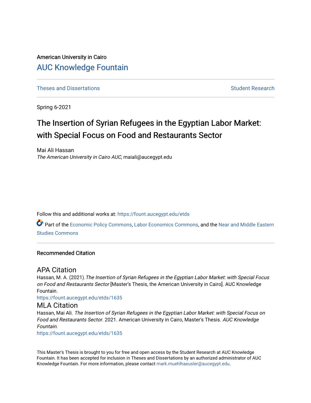 The Insertion of Syrian Refugees in the Egyptian Labor Market: with Special Focus on Food and Restaurants Sector