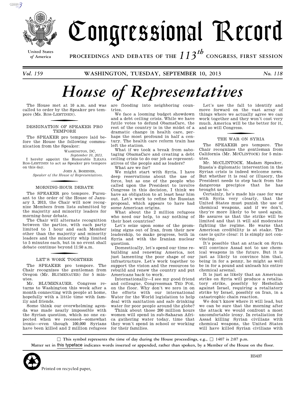 Congressional Record United States Th of America PROCEEDINGS and DEBATES of the 113 CONGRESS, FIRST SESSION