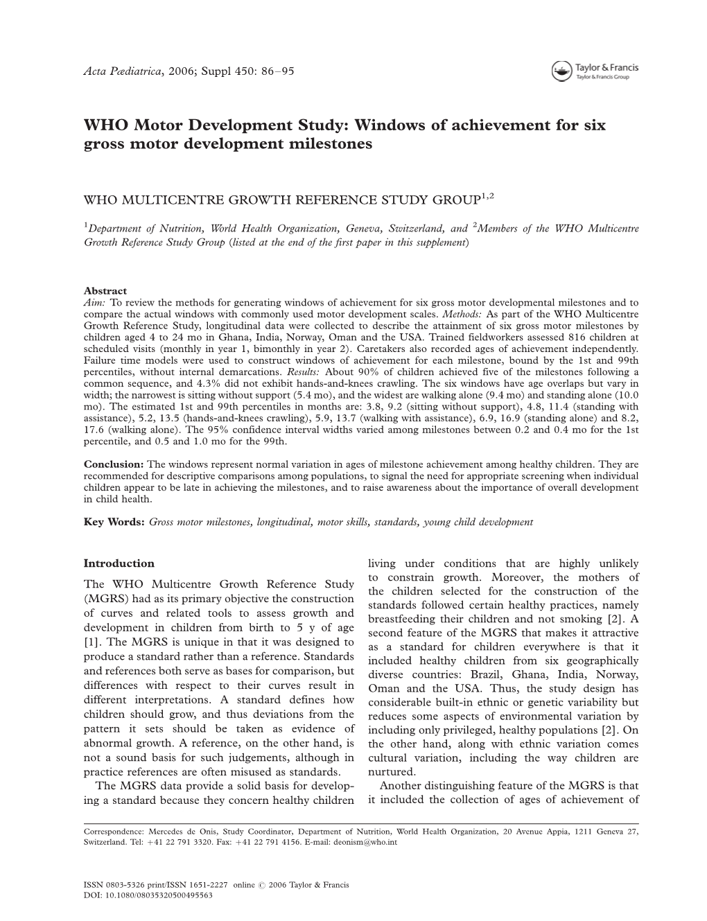 Windows of Achievement for Six Gross Motor Development Milestones